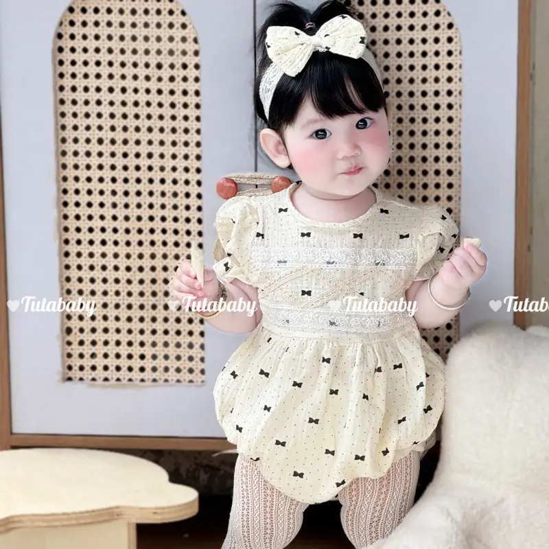 Bodysuit Bé Gái Chất Xô Muslin Thiết Chấm Bi Nơ Đen, Kèm Turban Nơ Xinh Xắn, Dành Cho Bé 3kg Đến 11kg 0