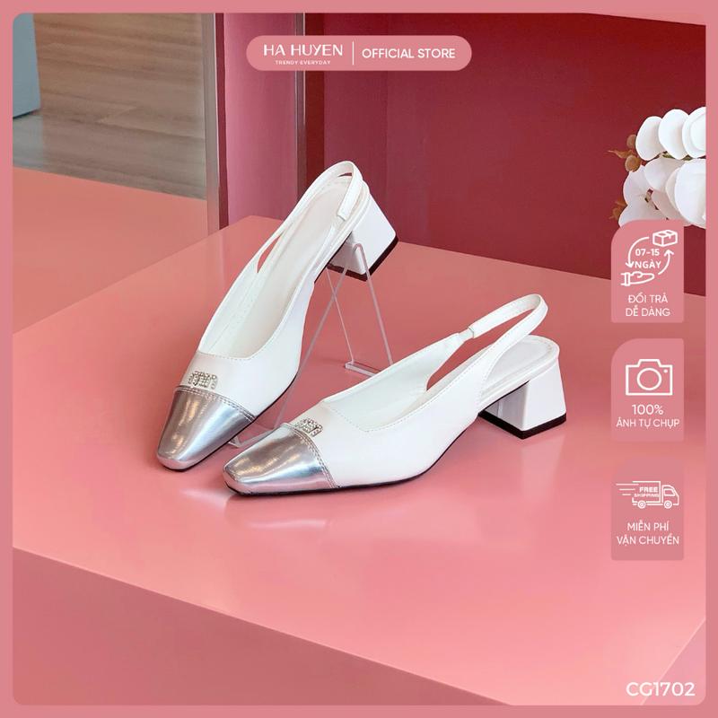 Giày cao gót nữ HÀ HUYỀN mũi thon captoe bạc chữ miu đá quai hậu gót vuông 5cm - CG1702