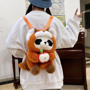 A Cartoon Raccoon Transforming into a Panda Style Backpack, Cute Hat Holding Apple Little Raccoon Plush Backpack