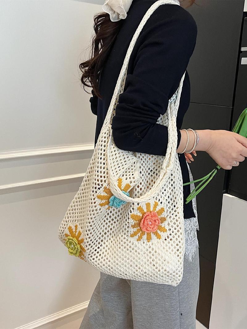 Product Introduction of Women's Colorblock Flower Design Crochet Tote Bag, Casual Versatile Shoulder Bag for Daily Used, Trendy High-quality Daily Commuting Bag, Girl Fashionable Shopping Bag 6