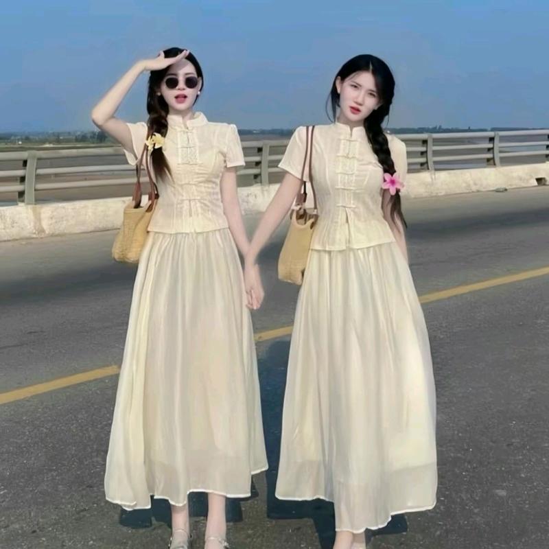 Sét Áo Ren Gợn Sóng Cổ Tàu Kèm Chân Váy Maxi Dài 95cm - Set Đồ Mùa Thu Đông Tết Sang Còn Dễ Thương - Nữ, Kem Top