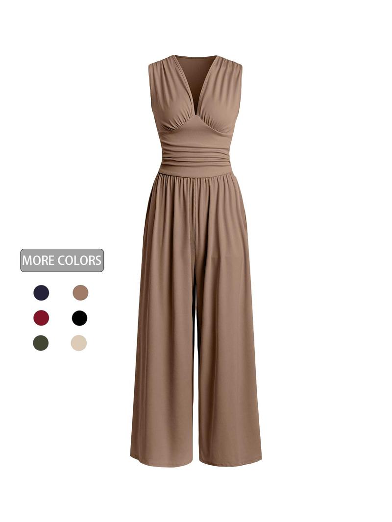 Product Introduction of Women's Plain Ruched Deep V Neck Ribbed Jumpsuit, Elegant Sleeveless Wide Leg Jumpsuit for Summer, Back to School Outfits, Ladies Clothes for Beach Holiday Vacation 4