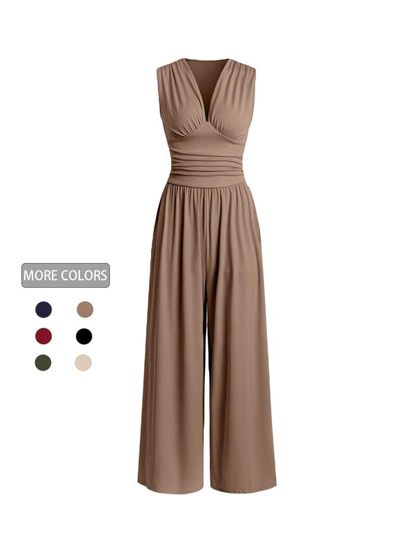 Women's Plain Ruched Deep V Neck Ribbed Jumpsuit, Elegant Sleeveless Wide Leg Jumpsuit for Summer, Back To School Outfits, Ladies Clothes for Beach Holiday Vacation,  Curve Fashion Womenswear Overalls 2