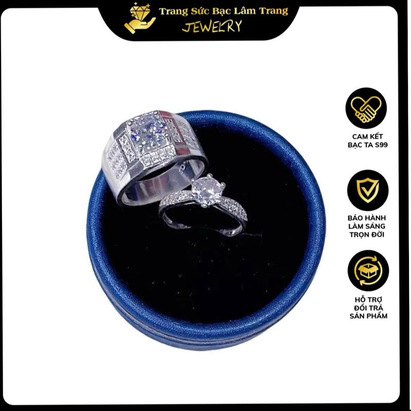Nhẫn đôi bạc ta LTJ 028 nam nữ đá chủ 8 li và 6 li