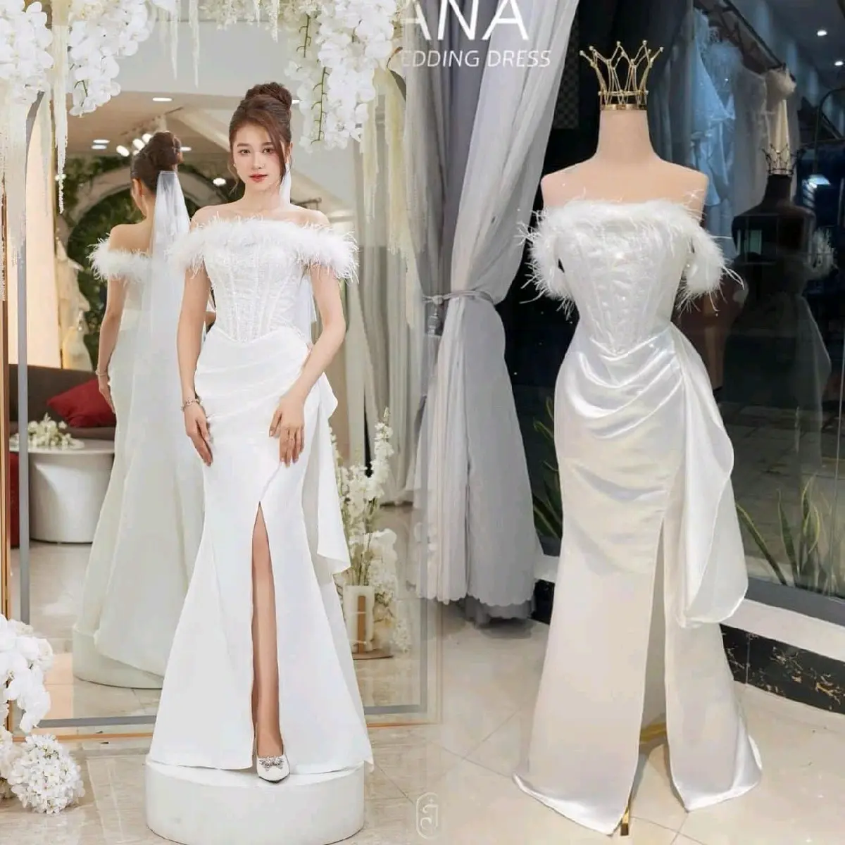 Váy thiết kế dự tiệc bẹt vai xẻ tà sang chảnh.quý phái Nữ Women Dress..