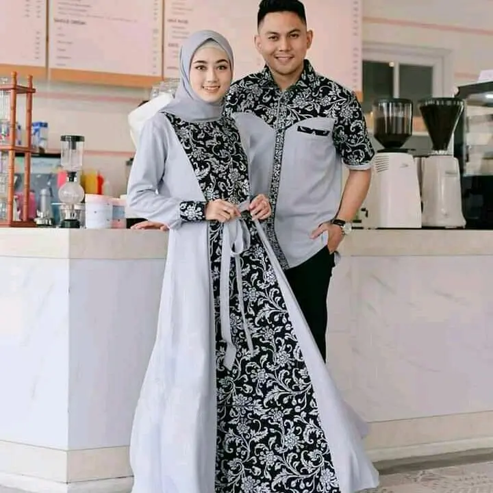 baju batik couple pasangan suami istri gamis syar'iah modern terhits elegan kemeja lengan pendek motif prada Katun kombinasi  kondangan  pesta  seragam Muslim Wanita
