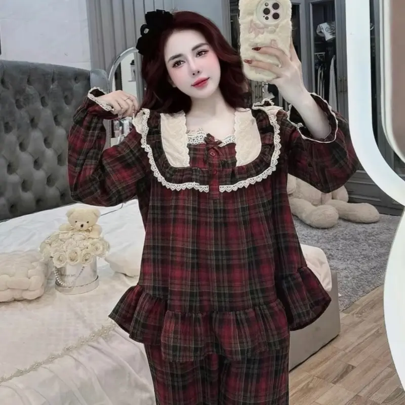 Bộ ngủ bánh bèo thô đũi caro đỏ phối ren áo dài quần dài phong cách tiểu thư bánh bèo kèm ảnh thật