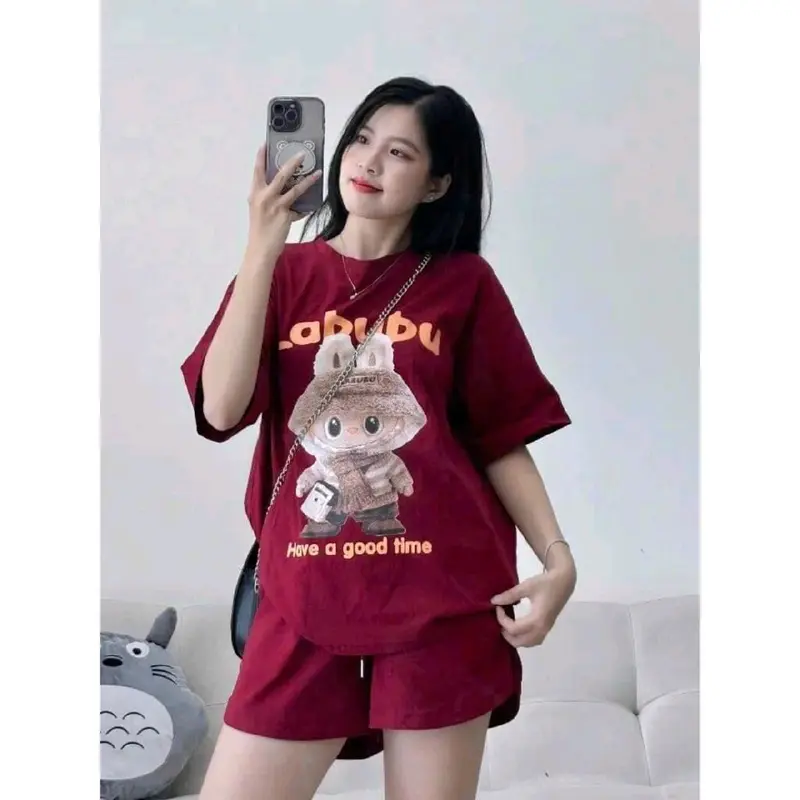 Đồ bộ Labubu thun cotton su 3158 quần đùi short hình in 5D y ảnh free size dưới 65kg nhiều mẫu 5