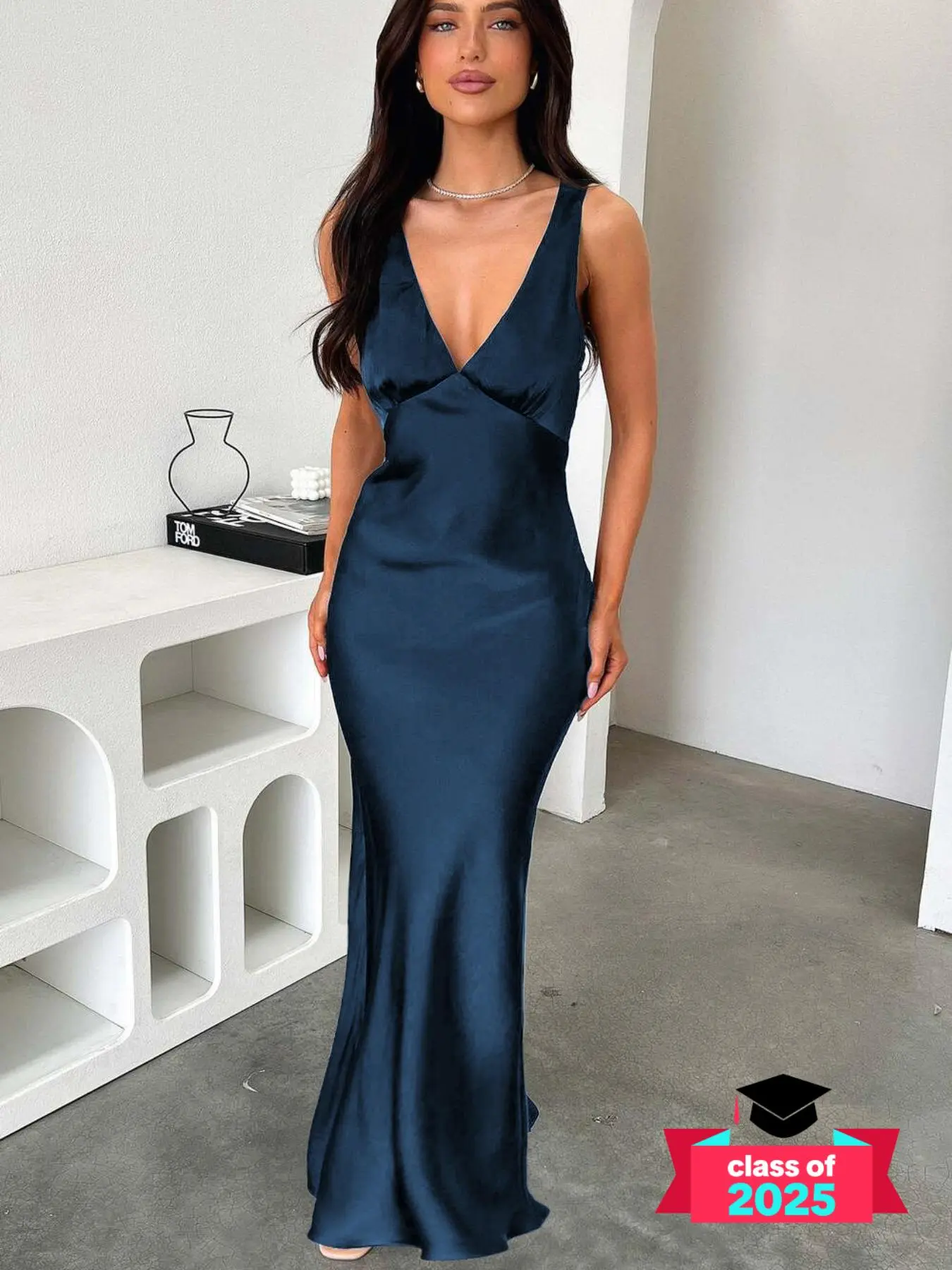 Women's Plain Satin Formal Dress, Elegant V Neck Sleeveless Evening Party Gown, Ladies Summer Clothes, Floor Length Silk Dressing Gown, Formal Dresses Women