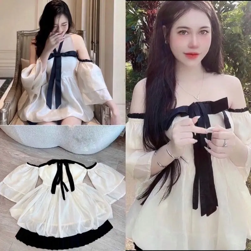 ￼[ HÀNG CHUẨN ]SÉT ÁO TRỄ VAI TIỂU THƯ CHÂN VÁY DẬP LY SIÊU XINH( ảnh thật)