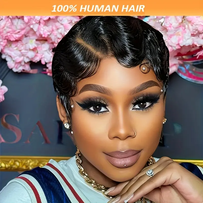 Elegant Short Finger Wave Human Hair 10.16cm Wave Hairstyle 150% Density Brazilian Remy Hair Flower Net Cap Short Bangs Full Machine-Made Hair Suitable for Women's Daily Wear