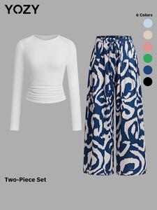 YOZY Solid Ruched Tee & All Over Print Pants Set, Casual Round Neck Long Sleeve Top & Elastic Waist Wide Leg Trousers, 2024 Women's Daily Wear for Spring & Fall, Fall & Winter Outfits