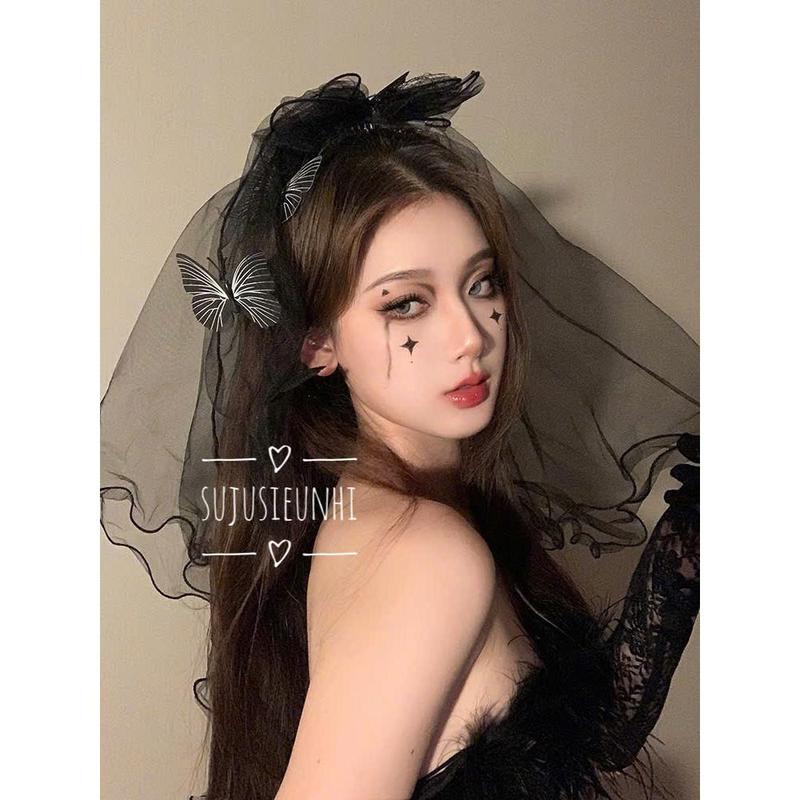 Khăn voan lúp cài đầu hình nơ trái tim gắn bướm đen hoá trang cô dâu phụ kiện tóc halloween huyền bí Hoa 2