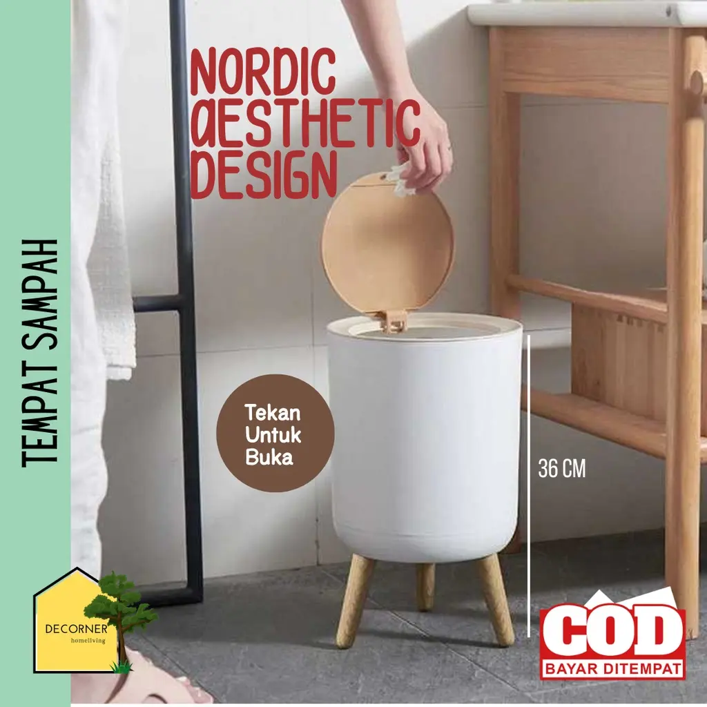 Tempat Sampah Tekan Buka Cover Kaki Kayu Aesthetic MInimalis