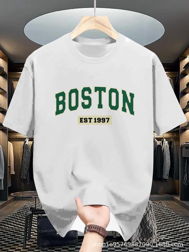 Product Introduction of Men's Casual Crew Neck T-Shirt, 100% Polyester Knit Fabric, Comfortable, Boston Print, Slightly Stretchy, Summer Short Sleeve Shirt, Versatile and Easy to Maintain, Regular Fit 7