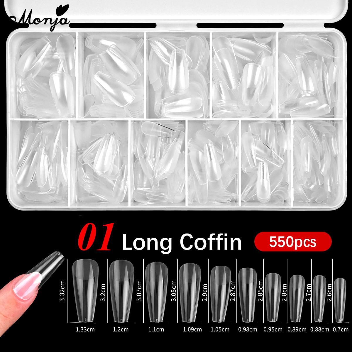 Monja 550Pcs Kuku Palsu Matte Extension Tips Frosted Coffin Almond Oval Square Soft Gel Tips Acrylic Manikur Buatan dengan 6 Bentuk Kuku