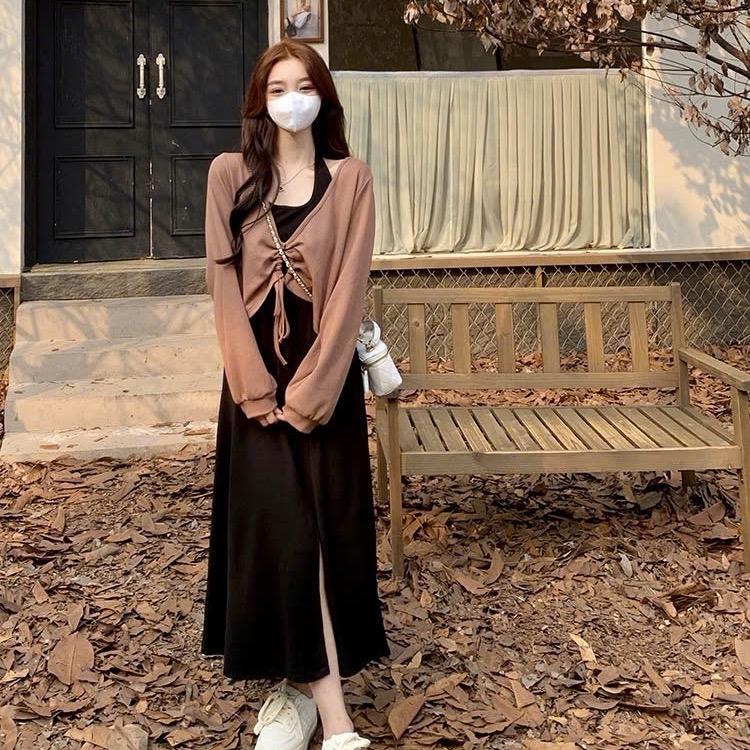 Set đầm và áo khoác kiểu tay dài vintage đi chơi đi dạo nhẹ nhành nữ tính dễ thương - M94