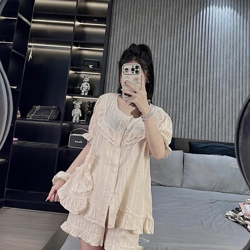  Set Bộ Đồ Tiểu Thư Cổ Tròn Phối Ren Bộ Đồ Mặc Nhà Pijama Nữ Chất Thô Cao Cấp Mát Mềm Mịn CD Women bộ  ngủ sam luxury dobo tay ngan bo duigan nu 