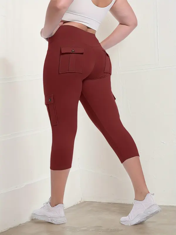 Women's Plain High Waist  Sports Capri Leggings, High Stretch  Casual Comfortable  Breathable Multi-pocket Skinny Pants for Yoga Gym Workout Running, Ladies Sportswear for All Seasons 1
