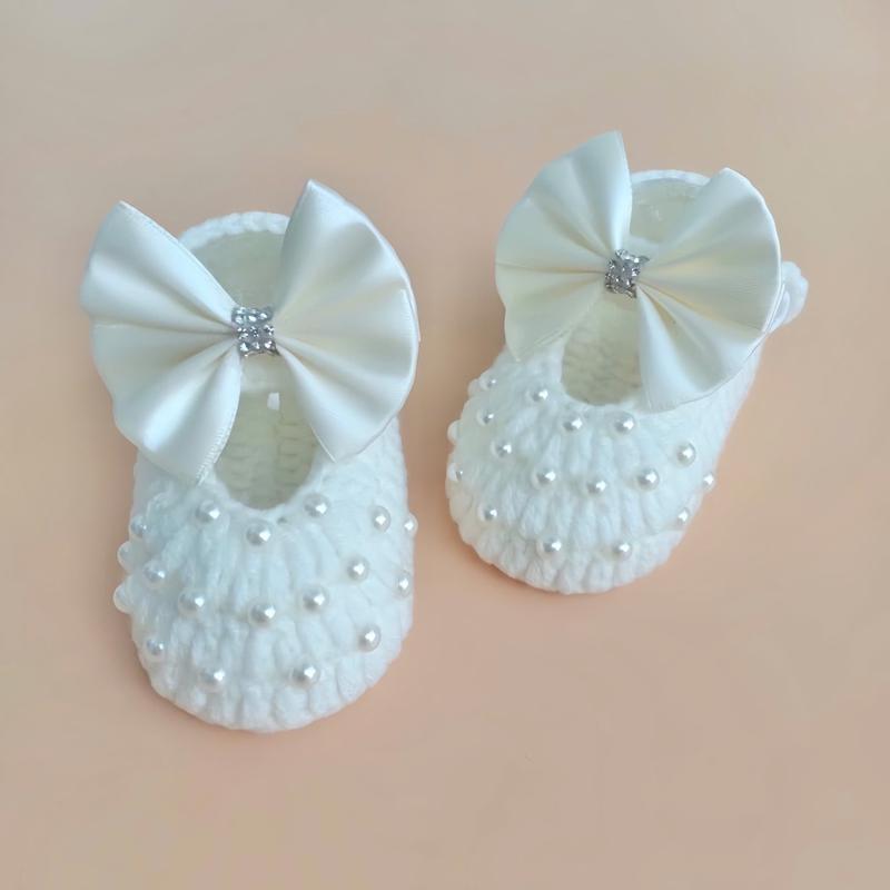 Giày Len Đính Ngọc Nơ Trắng Cho Bé Gái 0- 1 Tuổi, Giày Cho Bé Gái Đầy Tháng, Sinh Nhật Cực Dễ Thương