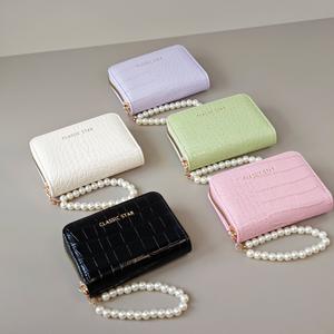 Dompet Corak Buaya, Untuk Wanita, dengan Tali Mutiara, Pemegang Kad, Dompet Syiling Berzip, Wallets Selempang