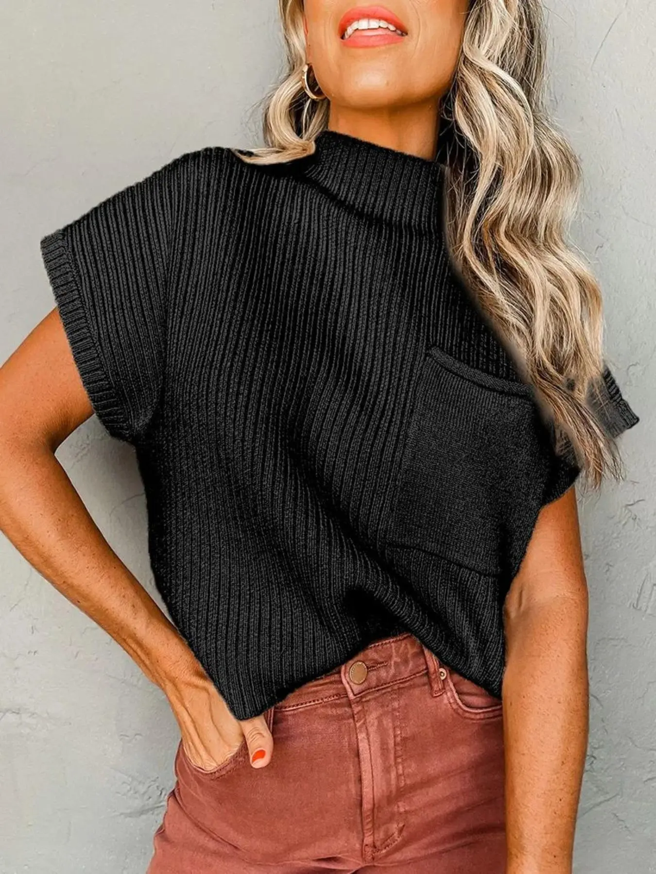 Women's Plain Pocket Batwing Sleeve Knit Top, Casual Short Sleeve High Neck Knitwear for Summer, Fashion Ladies' Knit Clothing for Daily Wear