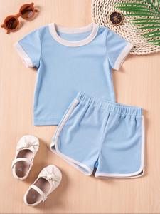 Conjunto de niña pequeña de camiseta de punto jersey sólida y shorts, camiseta casual de cuello redondo y manga corta & shorts con cintura elástica, ropa de verano para niños, atuendo