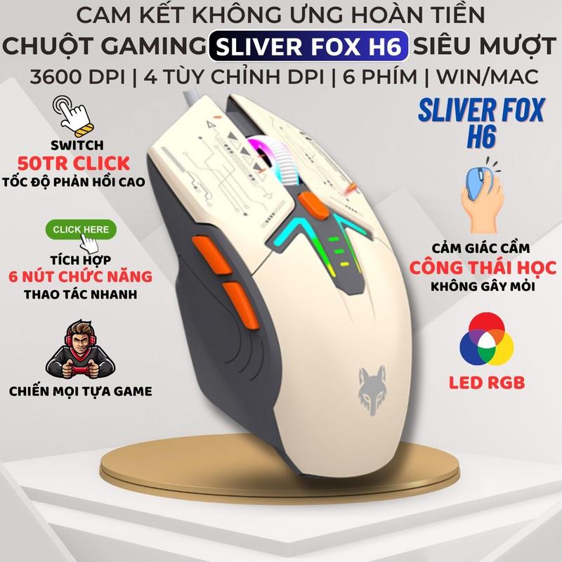  Chuột Máy Tính Chơi Game Sliver FOX H6 Led RGB Kết Nối Dây 6 Nút Bấm Full Chức Năng Cho PC Laptop 
