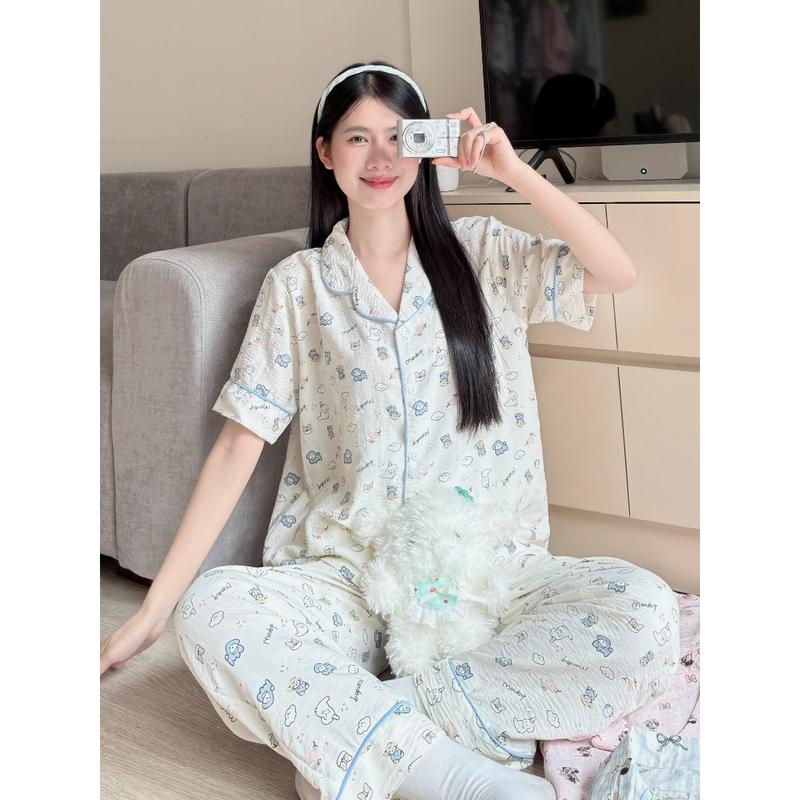 Set Bộ Đồ Ngủ BY CHANN (Bộ Viền) áo cộc quần dài, họa tiết dễ thương phối viền, chất liệu đũi mềm (có size đến 80kg)