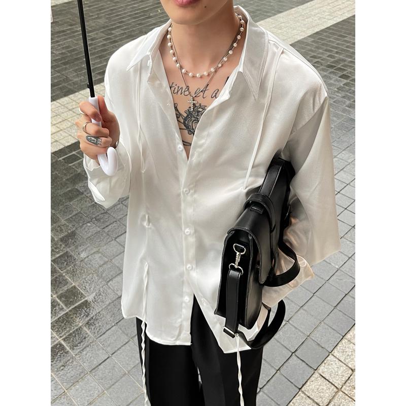 Áo sơ mi nam lụa satin phối dây form rộng