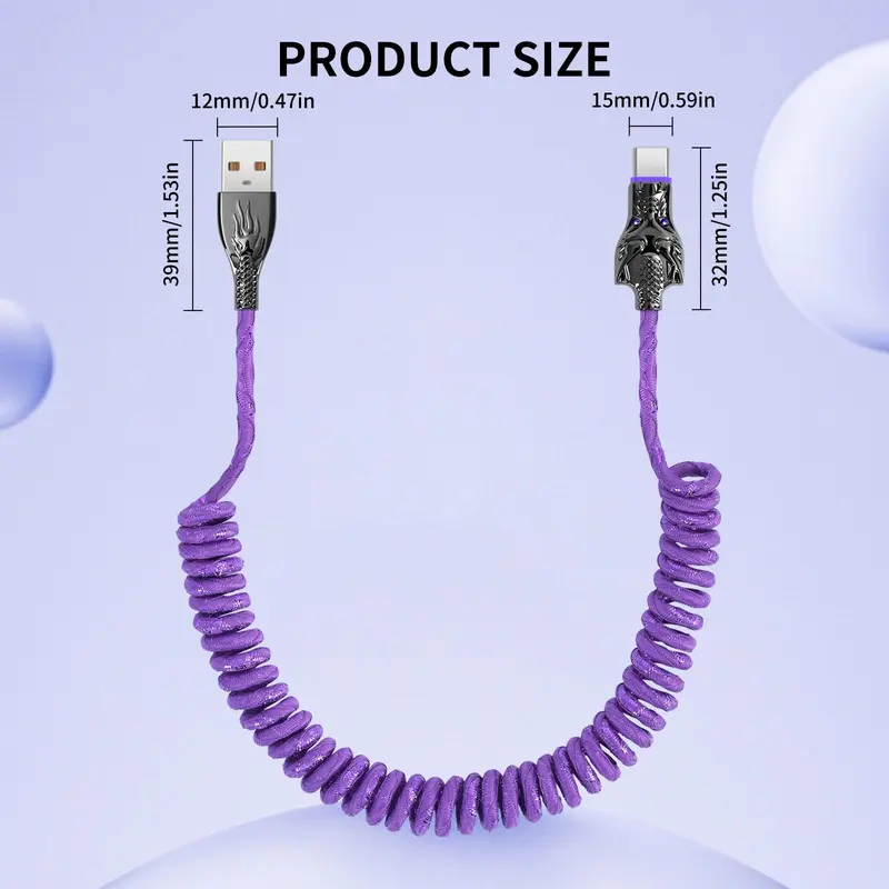 5A 100W LED Light Up Dragon Design USB-C Car Data Cable, Anti-spring Bending Design USB-C Cable, Durable Cable for Samsung Xiaomi OPPO Vivo 1