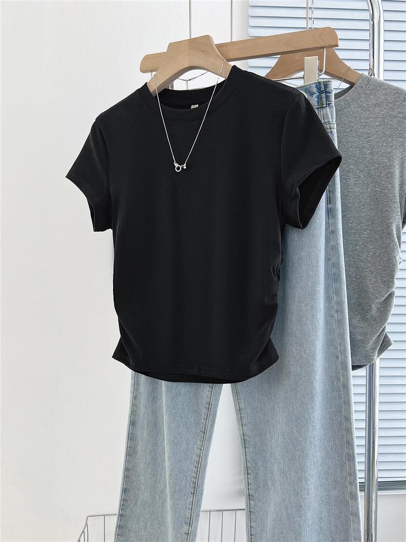 Product Introduction of Short pleated women's T-shirt waist design sweet short-sleeved summer cotton round neck top 17