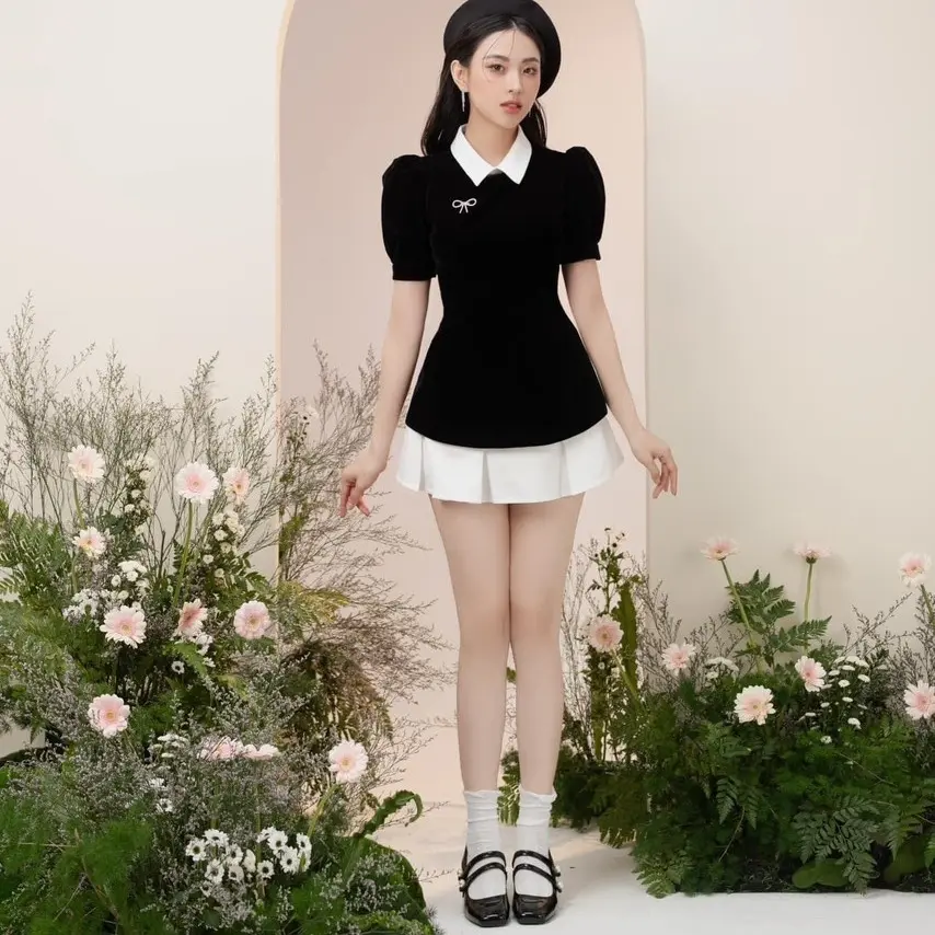 SET chân váy chữ A kèm áo peplum cổ Đức siêu xinh