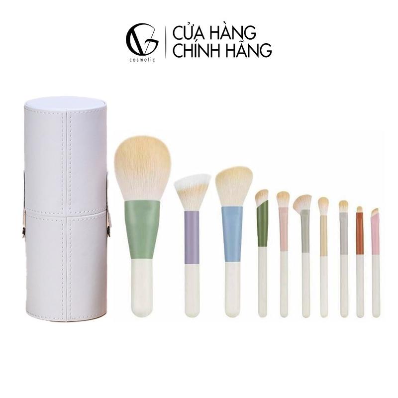 Bộ cọ trang điểm cá nhân GUVIET  Cosmetic  kích cỡ mini gồm 10 cọ kèm theo ống cắm cọ màu trắng