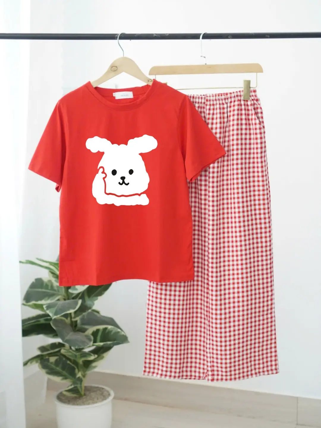 Set đồ bộ mặc nhà, áo thun cotton ngắn tay, quần suông caro thời trang