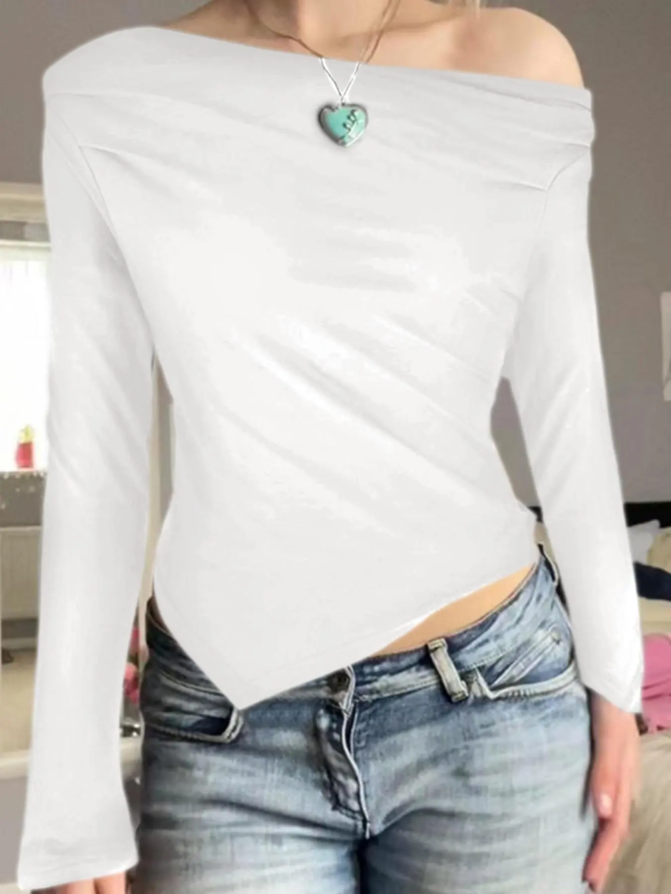 Women's Plain Off Shoulder Tee, Casual Long Sleeve T-shirt for Spring & Fall, Women's Clothing for Daily Wear