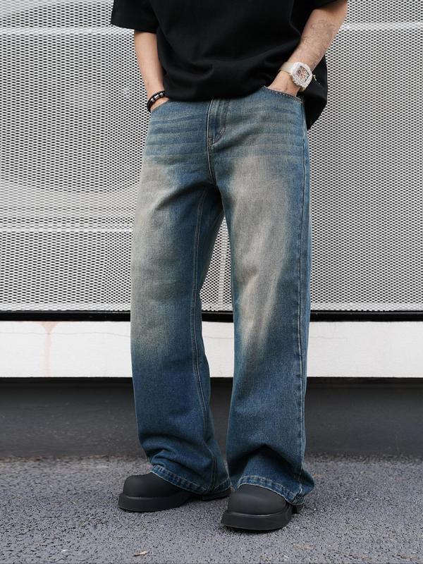 Men's Washed Denim Pants, Casual Comfy Straight Leg Jeans for Daily Wear, Woven Bottoms for All Seasons, Cotton 2