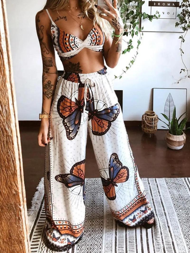 Product Introduction of Women's Butterfly Print Crop Cami Top & Tie Front High Waist Pants Set, Boho Spaghetti Strap Ruched Top & Wide Leg Pants, Ladies Summer Clothes 5