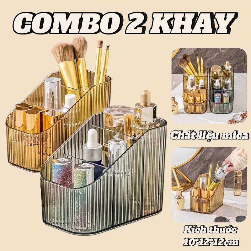 Combo 2 Khay Đựng Mỹ Phẩm Mica Trong Suốt, Hộp Đựng Mỹ Phẩm Ba Ngăn, Kệ Mica Đựng Cọ, Son, Đồng Make Up kệ  danang ngăn  kéo kep hoi kệ  2