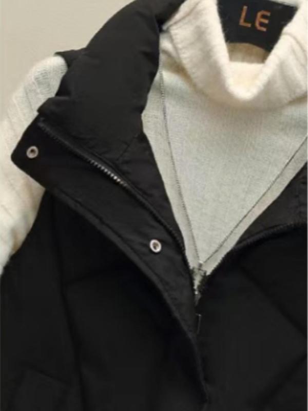 Women's Solid Color Zip Up Pocket Vest Jacket, Casual Stand Collar Sleeveless Outerwear for Fall & Winter, Women's Clothes for Daily Wear 2
