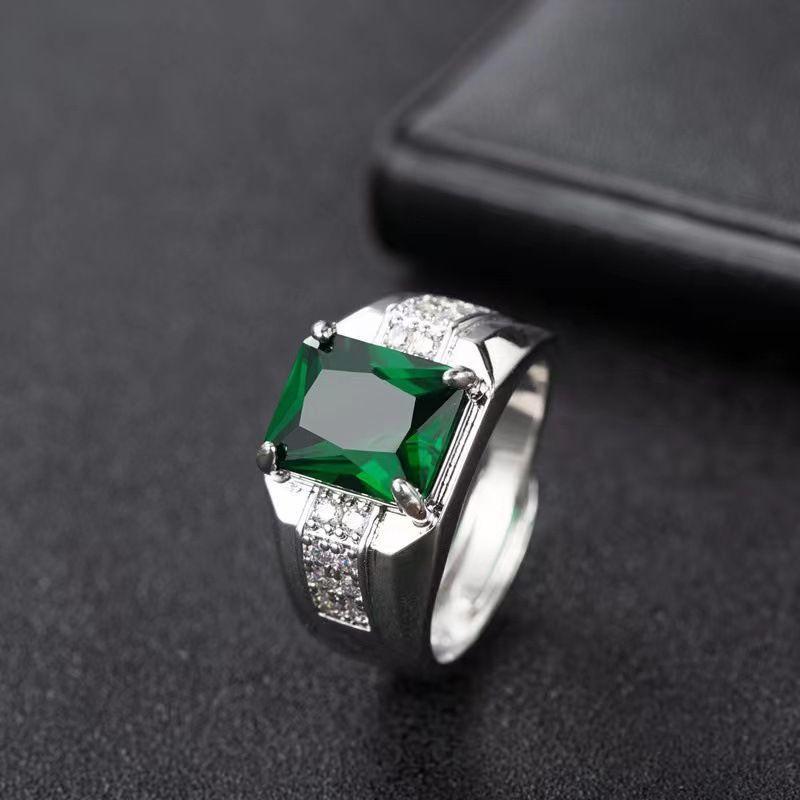 Product Introduction of New Wish Cross-Border Emerald Men's Ring European and American Blue Diamond Green Pointed Crystal Trendy Men's Open Ring Finger 0