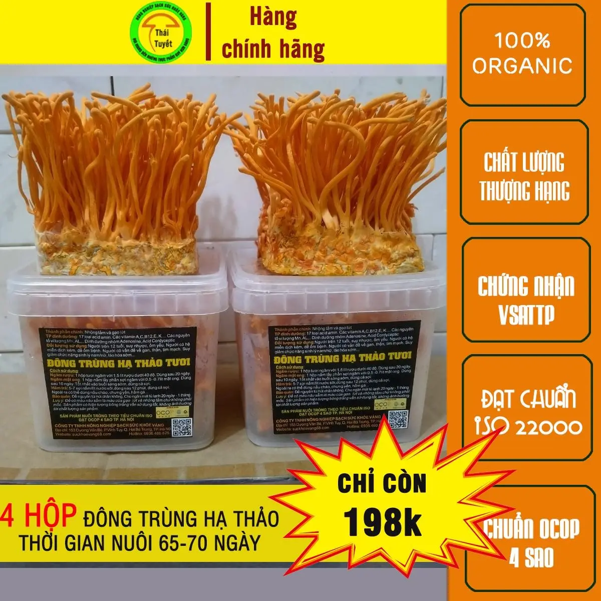 4 Hộp nấm Đông trùng hạ thảo, Đóng thùng xốp và dá khô, bảo hành 1 Đổi 1