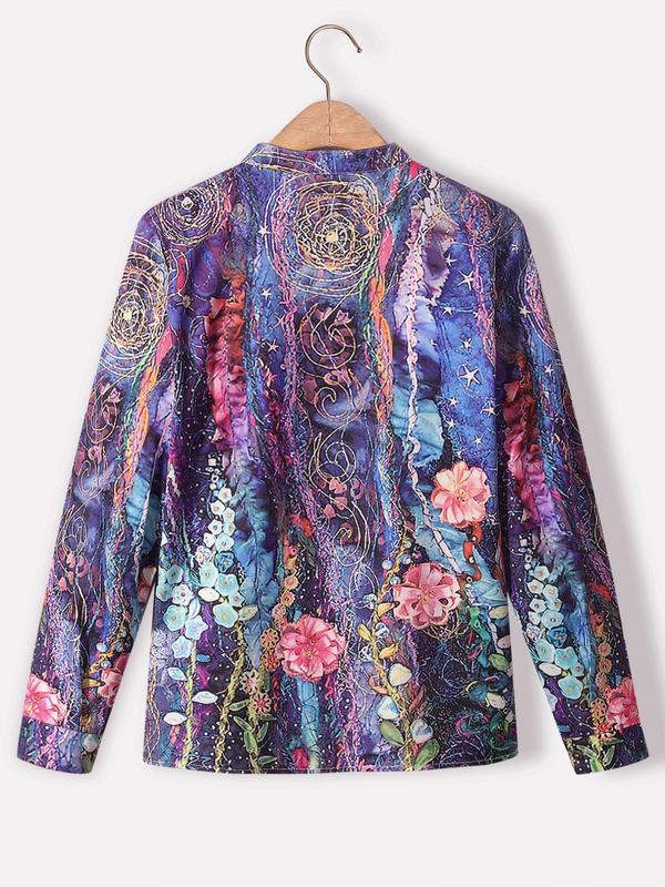 Women's Floral Print Button Front Blouse, Boho Notched Neck Long Sleeve Top for Vacation Holiday, Ladies Clothes for All Seasons 1