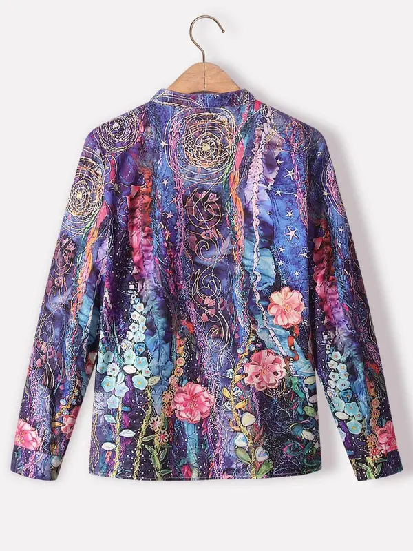 Women's Floral Print Button Front Blouse, Boho Notched Neck Long Sleeve Top for Vacation Holiday, Ladies Clothes for All Seasons 1