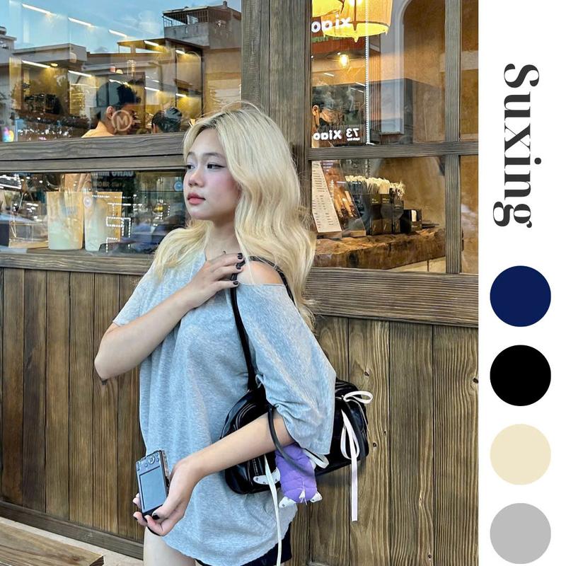 Áo Thun Nữ Dáng Rộng Lệch Vai, Áo Cộc Tay Cổ Lệch Chất Thun Lông Thỏ Form Rộng Cho Nữ_S57 Women Top Women Top