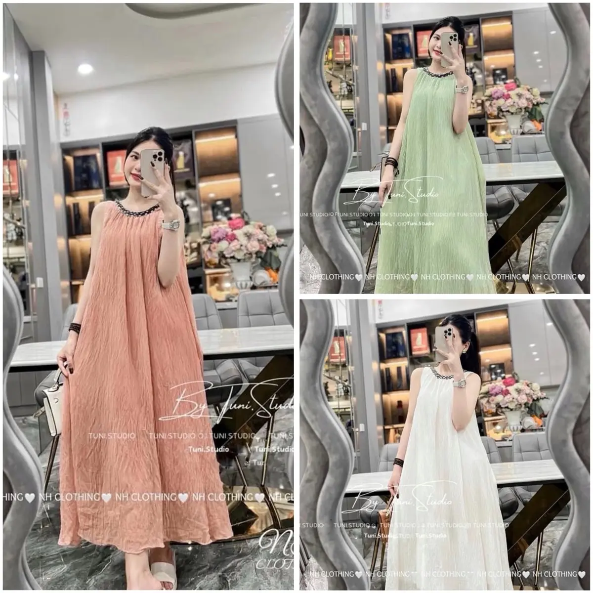 (XẢ KHO) Đầm Bầu Thiết Kế - Váy Babydoll Cổ Yếm Đính Ngọc Sang Trọng