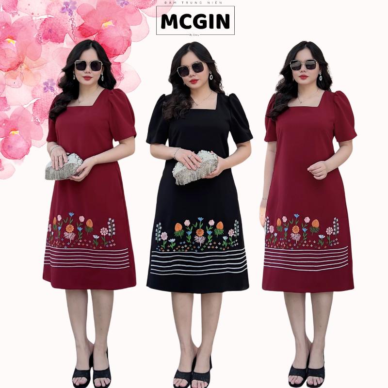 [CG046] Đầm Trung Niên Thiết Kế Cao Cấp Bigsize Thêu Chân Bông Iris Đơn giản dễ thương phù hợp cho mẹ cho bà U55-65, form suông A giấu bụng che khuyết điểm MCGIN Nữ Women Dress Voan Thun Màu Đỏ đầm  đỏ