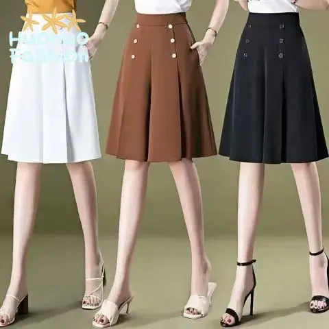 Women's elastic high waist knee-length A-line skirt Korean style new fashion sweet half-length skirt