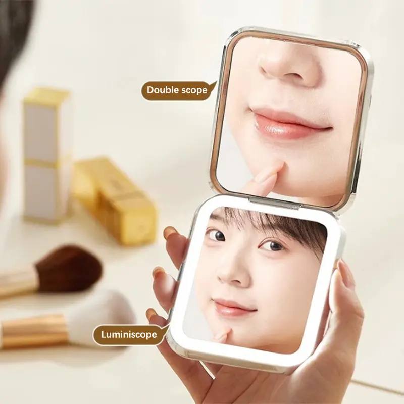 Gương Trang Điểm Mini Gấp Gọn, Có Đèn LED, Phóng Đại 2X, Kích Thước Bỏ Túi Nhỏ, Cầm Tay, Thích Hợp Đi Du Lịch, Gương Mỹ Phẩm, Có Cáp Type-C, Có Thể Sạc Lại 5