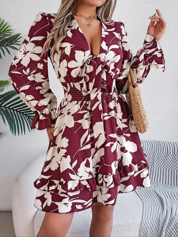Women's Floral Print Ruffle Trim Shirred Tie Front A Line Dress, Boho Deep V Neck Flounce Sleeve Short Dress for Spring & Fall, Ladies Clothes for Beach Holiday Vacation 6